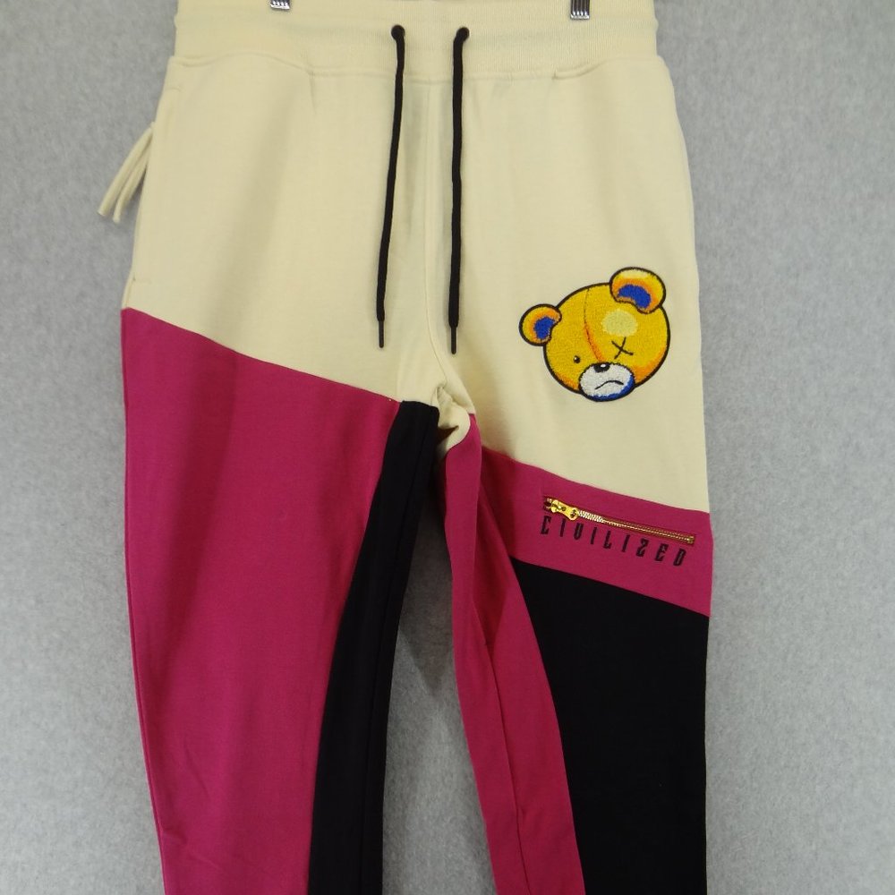 NWT, Civilized sweatpants with embroidered bear (pink and white)